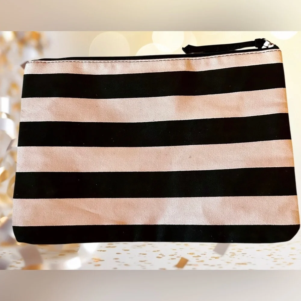 Victoria’s Secret Light Blush Pink & Black Striped Zip Top Cosmetic Pouch  NWOT - Picture 7 of 9